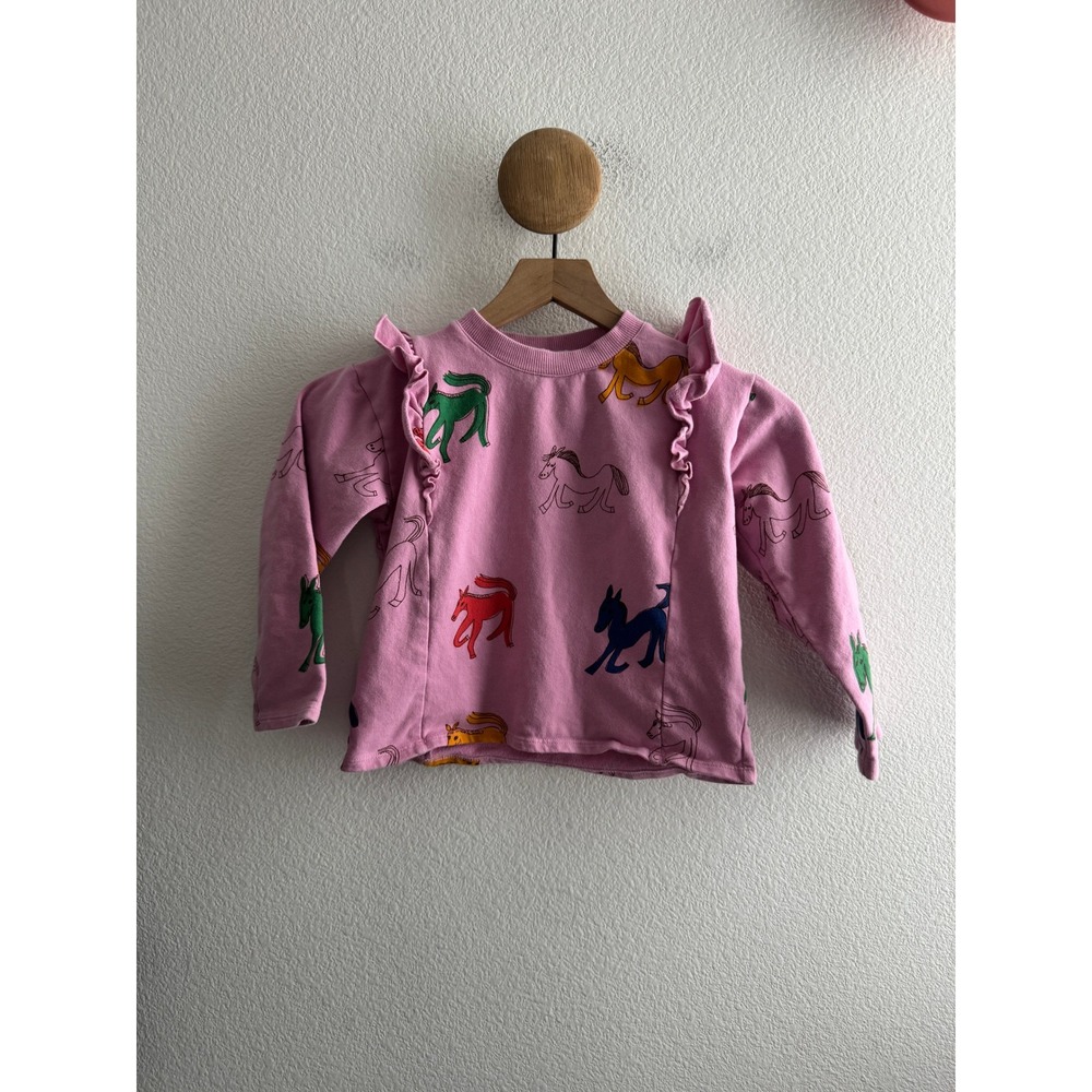 Bobo Choses Kids Pink Horse Print Ruffle Sweatshirt Organic Cotton 4-5Y 110cm